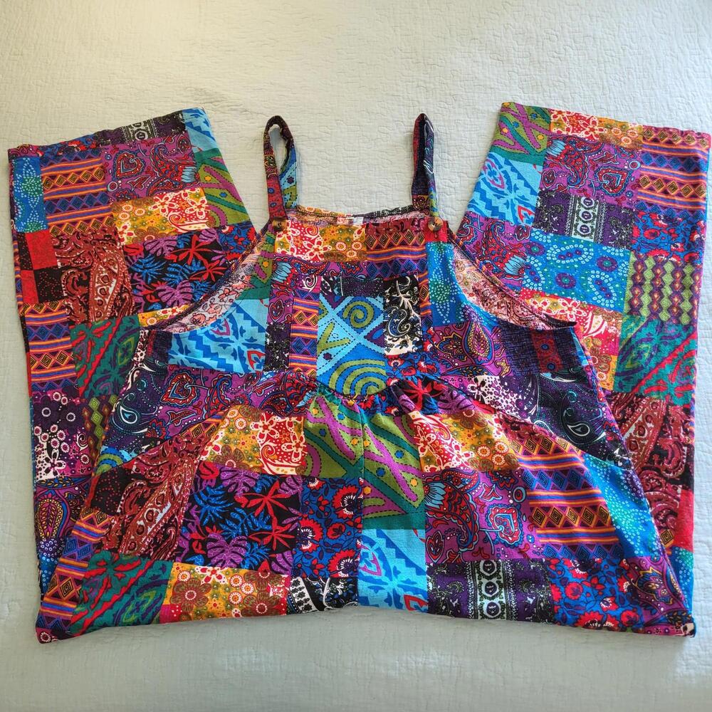 vibrant multicolor patchwork overalls side pockets adjustable straps XXL baggy